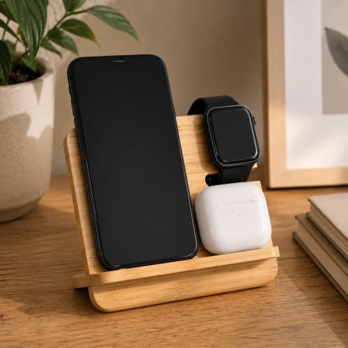 Lifestyle image of the Bamboo Wireless Charging Station by Total Mercahdnise
