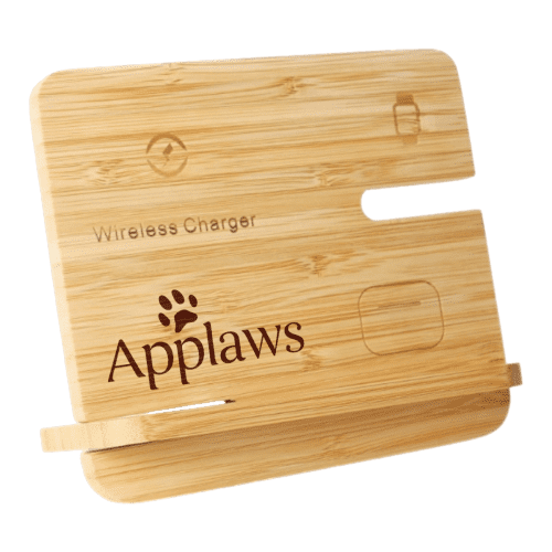 Engraved logo on the Bamboo promotional Wireless Charging Station by Total Merchandise
