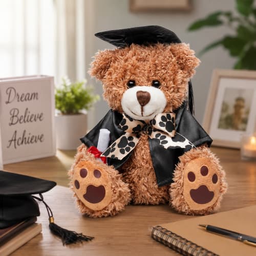 Lifestyle image of the Graduation Medium Patched Paw Teddy by Total Merchandise