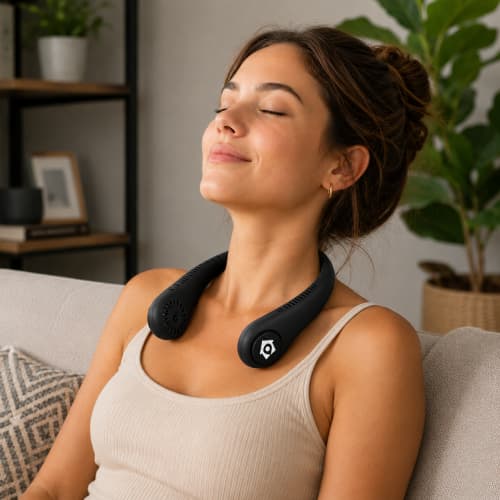 Lifestyle image of the Portable Cooling Neck Fan by Total Merchandise