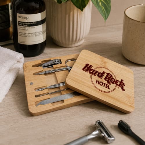 Lifestyle image of the Bamboo Manicure Set laser engraved by Total Merchandise