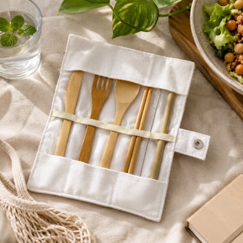 Lifestyle image of the Bamboo Wrap Cutlery Set that can be logo printed by Total Merchandise