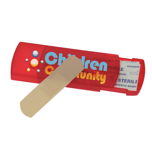 Promotional Plasters in Transparent Box in Frosted Red branded with your logo from Total Merchandise