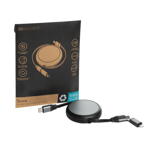 Custom Branded Recycled Aluminium Retractable 240W 2-in-1 Cable in Black from Total Merchandise
