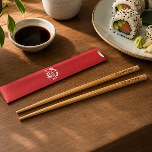 Lifestyle image of the customised Bamboo Chopsticks in Printed Sleeve by Total Merchandise