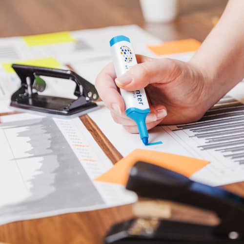 Custom Branded Plastic Highlighter in White/Blue printed with your logo from Total Merchandise