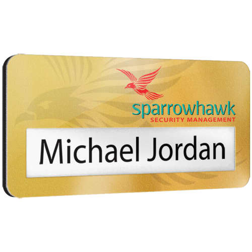 Promotional Metal Window Staff Name Badges in Gold Satin Made in UK by Total Merchandise