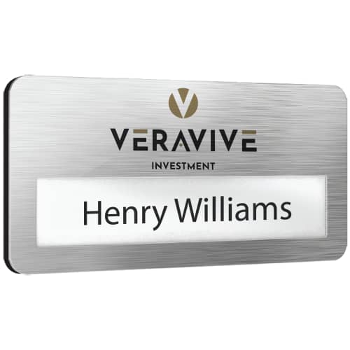 UK Printed Metal Window Staff Name Badges in Silver Grain from Total Merchandise