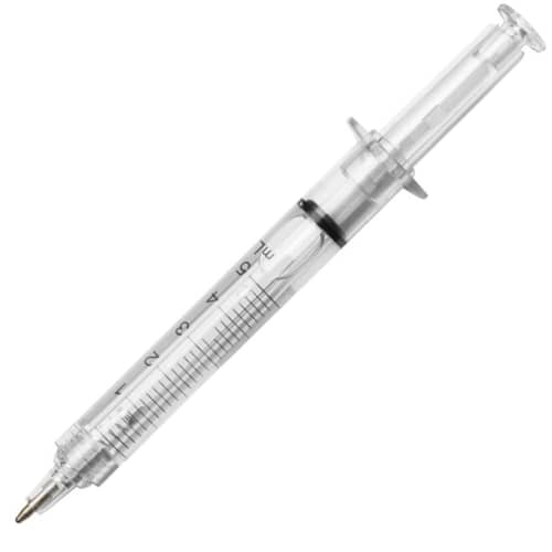 Promotional syringe pen in white printed a company logo from Total Merchandise