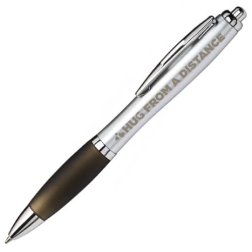 Custom Printed Curvy Pens in Silver with Black Grip Branded by Total Merchandise