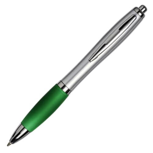 Custom Printed Curvy Pens in Silver with Green Grip Branded by Total Merchandise