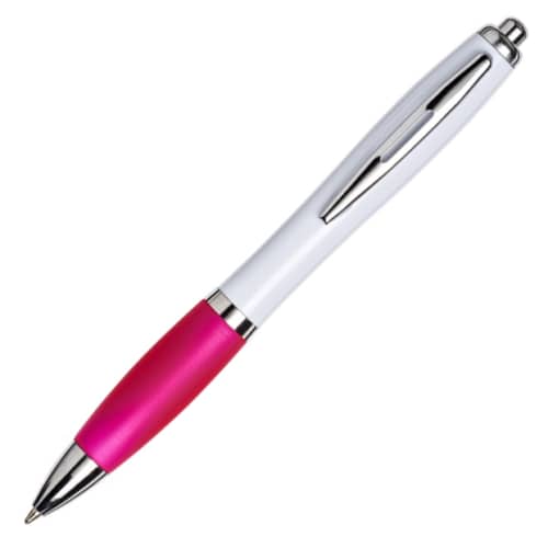 Custom Printed Curvy Pens in White with Magenta Grip Branded by Total Merchandise