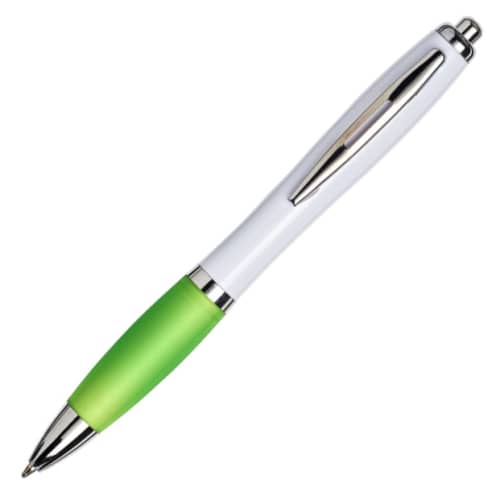 Custom Printed Curvy Pens in White with Lime Green Grip Branded by Total Merchandise