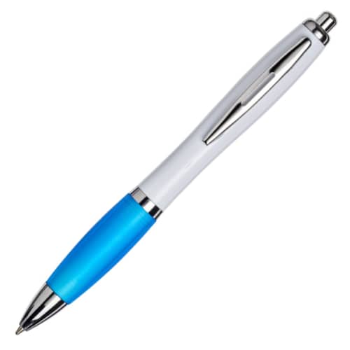 Custom Printed Curvy Pens in White with Process Blue Grip Branded by Total Merchandise