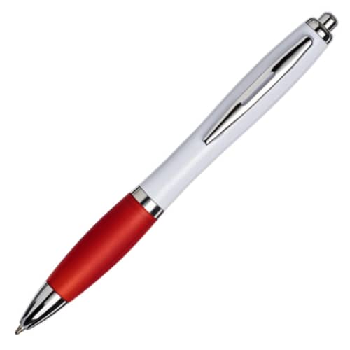 Promotional Curvy Pens in White with a Red Grip Branded by Total Merchandise