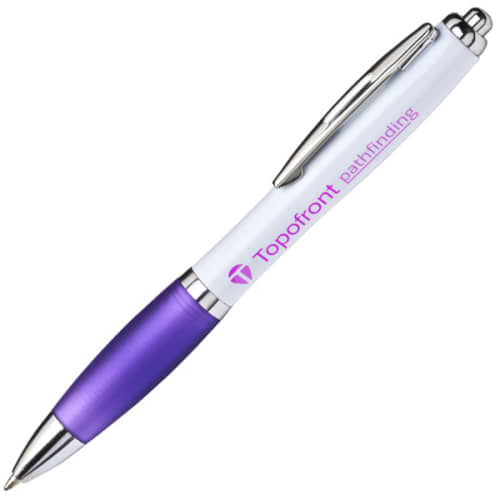 Custom Branded Curvy Ballpens in White/Purple from Total Merchandise