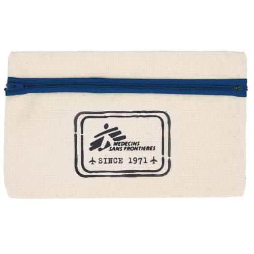 Branded Organic Cotton Pencil Case in Natural/Blue with a Printed Logo by Total Merchandise