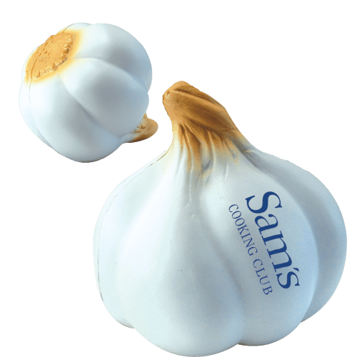 Custom printed Stress Garlic with a company logo branded onto the side from Total Merchandise