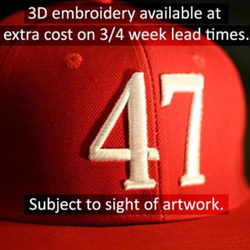 Example of 3D embroidery option for Cotton Twill Baseball Caps by Total Merchandise