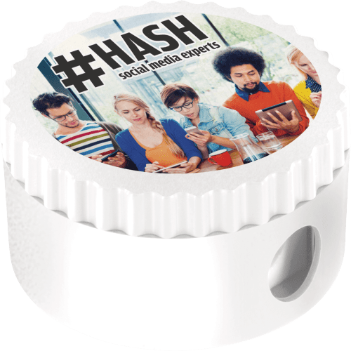 Promotional Round Pencil Sharpeners in White Printed by Total Merchandise