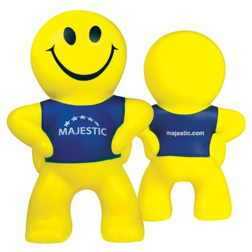 Our custom printed stress smiley man can be printed to the front of the back