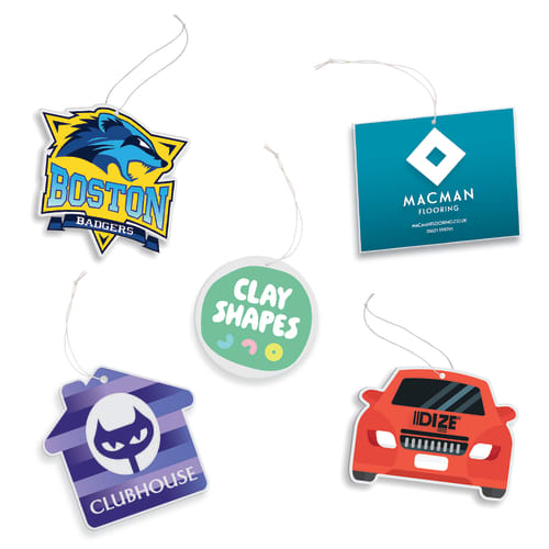 A selection of custom branded Car Air Fresheners  From Total Merchandise