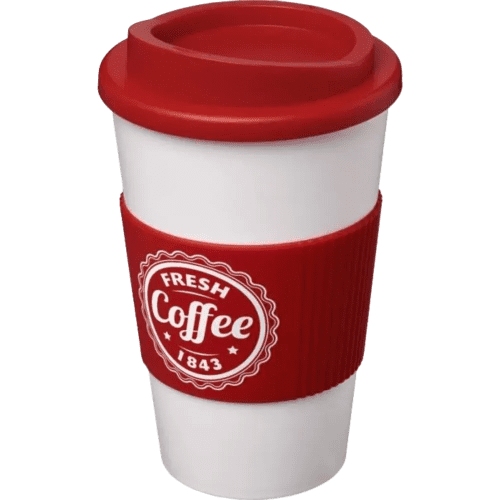 Custom Printed Americano Reusable Coffee Cup with Grip in Red from Total Merchandise