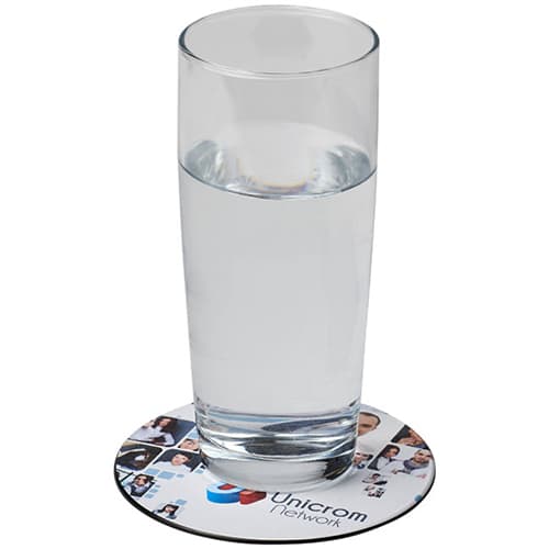 Custom branded round Brite Mat Coaster being used with a glass on top from Total Merchandise