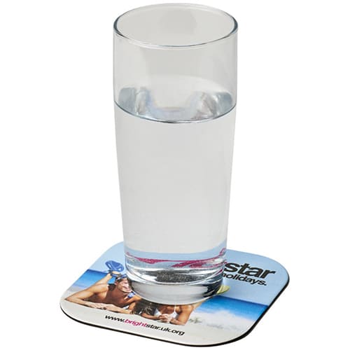 Custom printed square Brite Mat Coaster being used with a glass on top from Total Merchandise