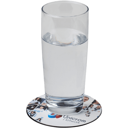 Custom branded round Brite Mat Coaster being used with a glass on top from Total Merchandise