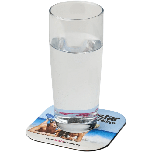 Custom printed square Brite Mat Coaster being used with a glass on top from Total Merchandise