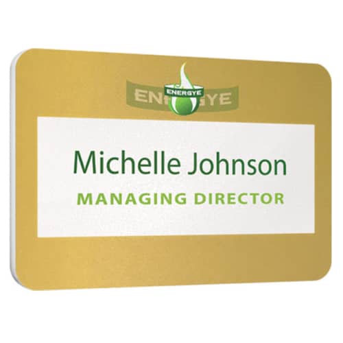 Printed Window Name Tags with Gold Finish and Full Colour Logo from Total Merchandise