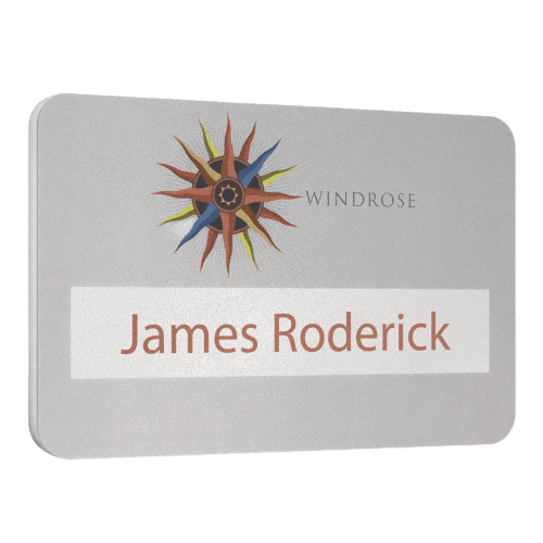 Branded Window Staff Name Badges in Silver with Printed Logo from Total Merchandise