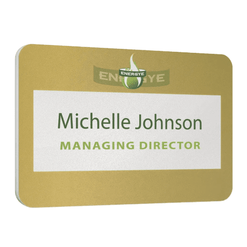 Printed Window Name Tags with Gold Finish and Full Colour Logo from Total Merchandise