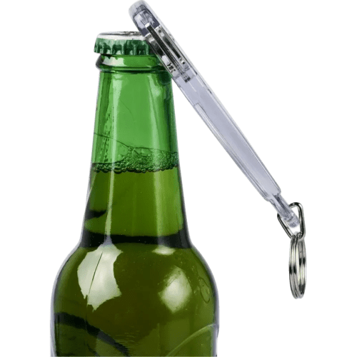 Promotional Bottle Opener Keyring in Clear/White branded with your logo from Total Merchandise