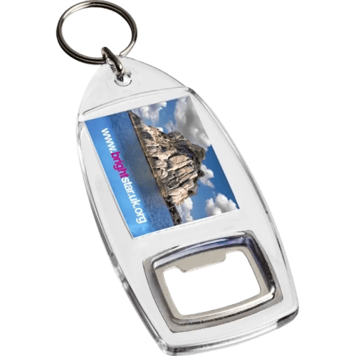 Logo Printed Bottle Opener Keyring in Clear/White branded with your logo from Total Merchandise