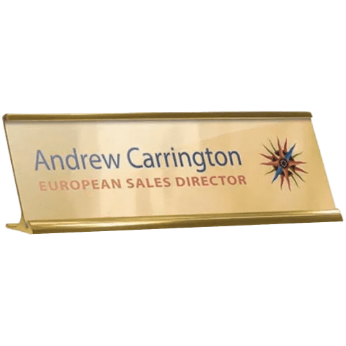 Promotional Metal Name Plates in Gold with Name, Position and Logo by Total Merchandise