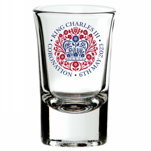 UK Branded Flared Top Tot Glasses Colour Etched with the Coronation Logo by Total Merchandise