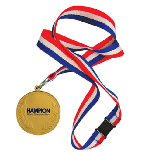 Promotional branded Stress Medal custom printed with a logo on 1 side and supplied with a lanyard