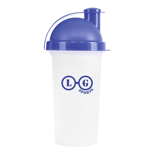 Custom branded protein shakers with a printed logo and blue lid