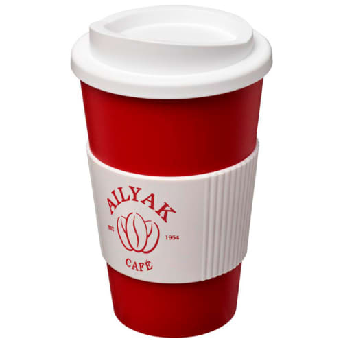 Red Promotional Americano Colour Mugs with White Lid & Grip Printed with a Logo by Total Merchandise