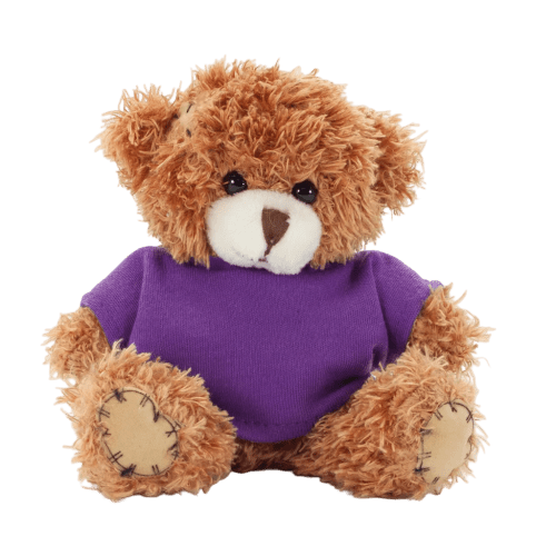 12cm Paw Teddy Bear With T-Shirt in Cinnamon/Purple