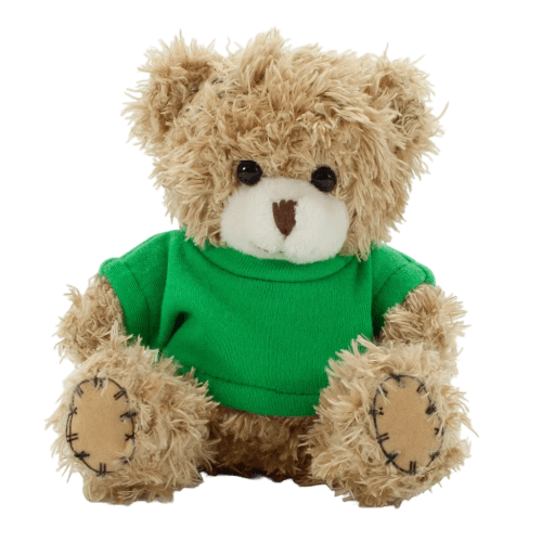 12cm Paw Teddy Bear With T-Shirt in Mocha/Green
