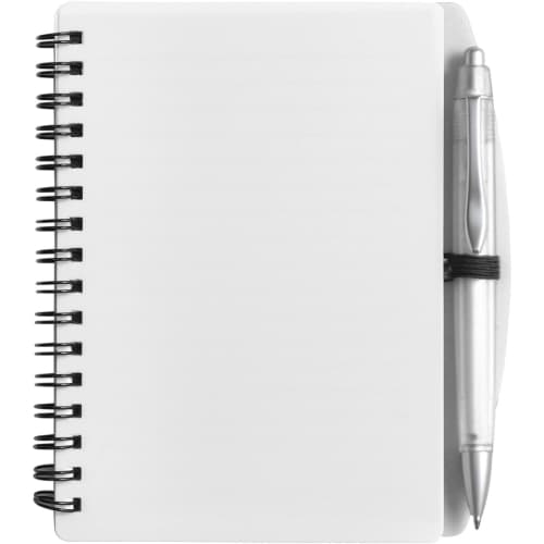 Custom branded A6 Plastic Cover Notebooks available in white from Total Merchandise
