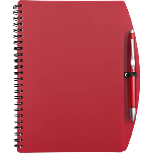 Promotional branded A5 Plastic Cover Notebooks in red from Total Merchandise