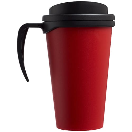 Custom Americano Grande Thermal Mugs in red with a black lid from Total Merchandise