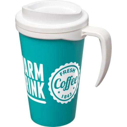 Branded Americano Grande Thermal Mugs in Aqua/White Printed with a Logo by Total Merchandise