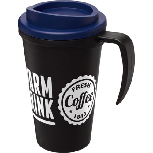 Promotional Americano Grande Thermal Mugs in Black/Blue Printed with a Logo by Total Merchandise