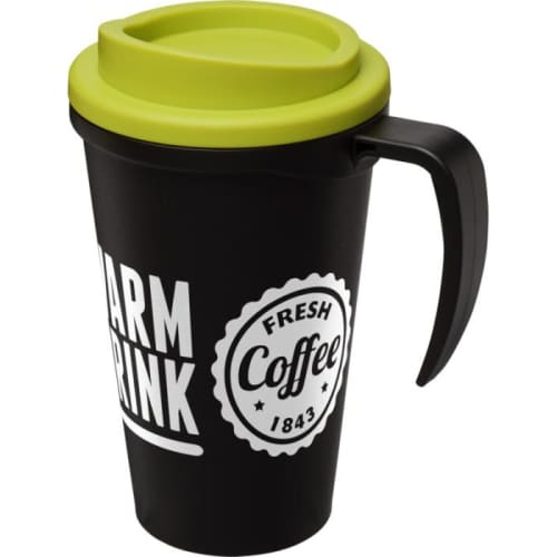 Branded Americano Grande Thermal Mugs in Black/Lime Printed with a Logo by Total Merchandise