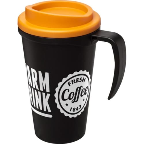 Promotional Americano Grande Thermal Mugs in Black/Orange Printed with a Logo by Total Merchandise